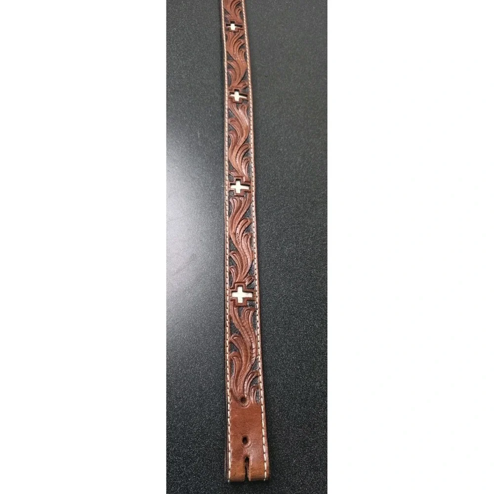 Ranger Belt Co. Tooled Brown Leather Belt Cowhide Inlay Crosses Kids 28 Rodeo